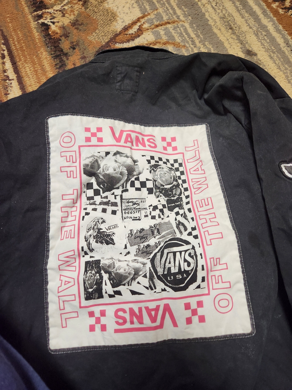 Vans Black Jacket with Pink and White Back Patch